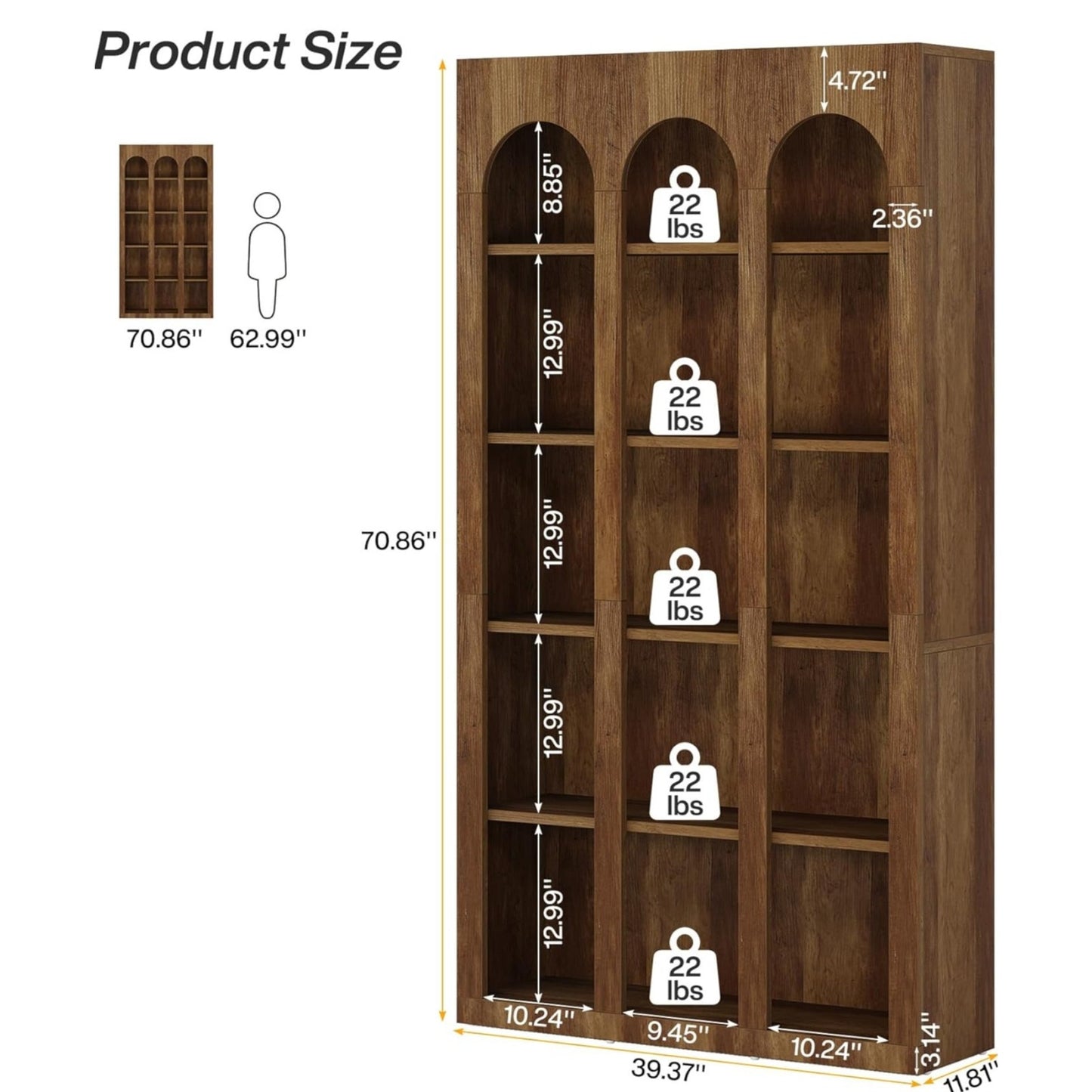 LITTLE TREE 5-Tier Bookshelf, 70.8-in Tall Bookcase with Open Shelves, Wooden Display Bookshelves