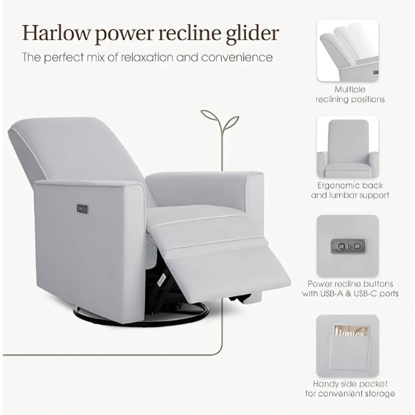 Power Glider Recliner with USB Charging – Rocking & 275° Swivel with Smooth Glide