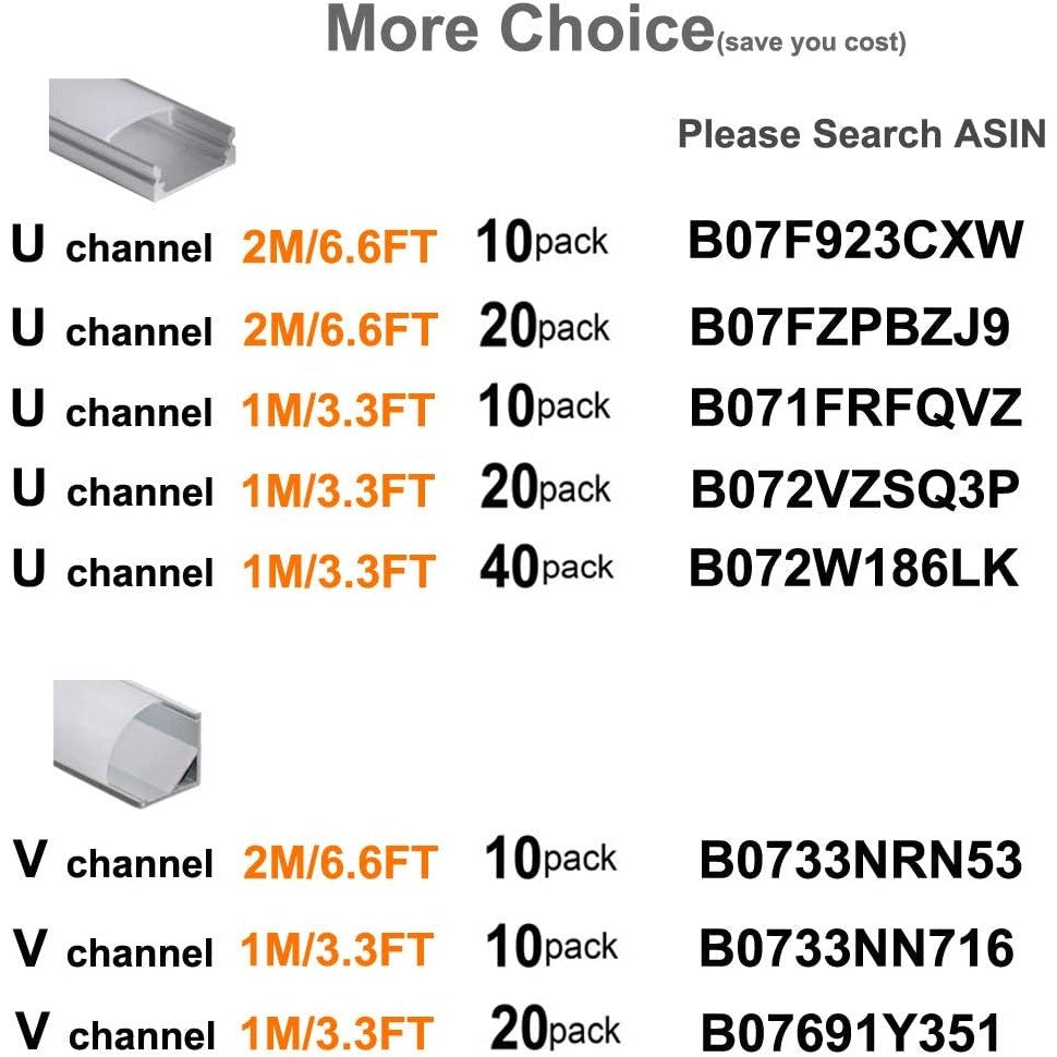 hunhun 20-Pack 6.6ft/ 2Meter U Shape LED Al. Channel System, Milky Cover, End Caps & Mounting Clips