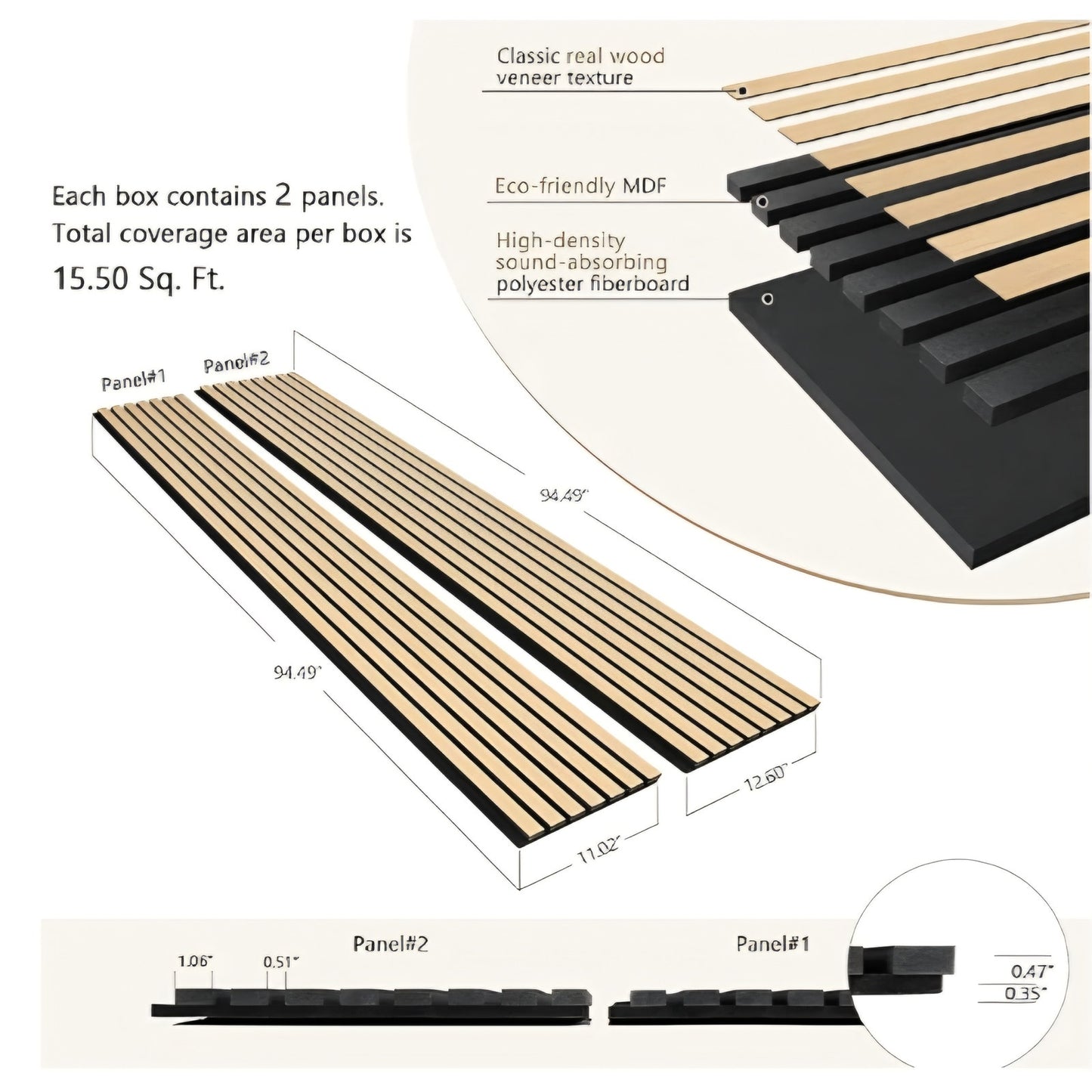 Acoustic Wood Veneer Slat Wall Panels Natural Oak and Ceilings Panels 94.49” x 23.62”Each