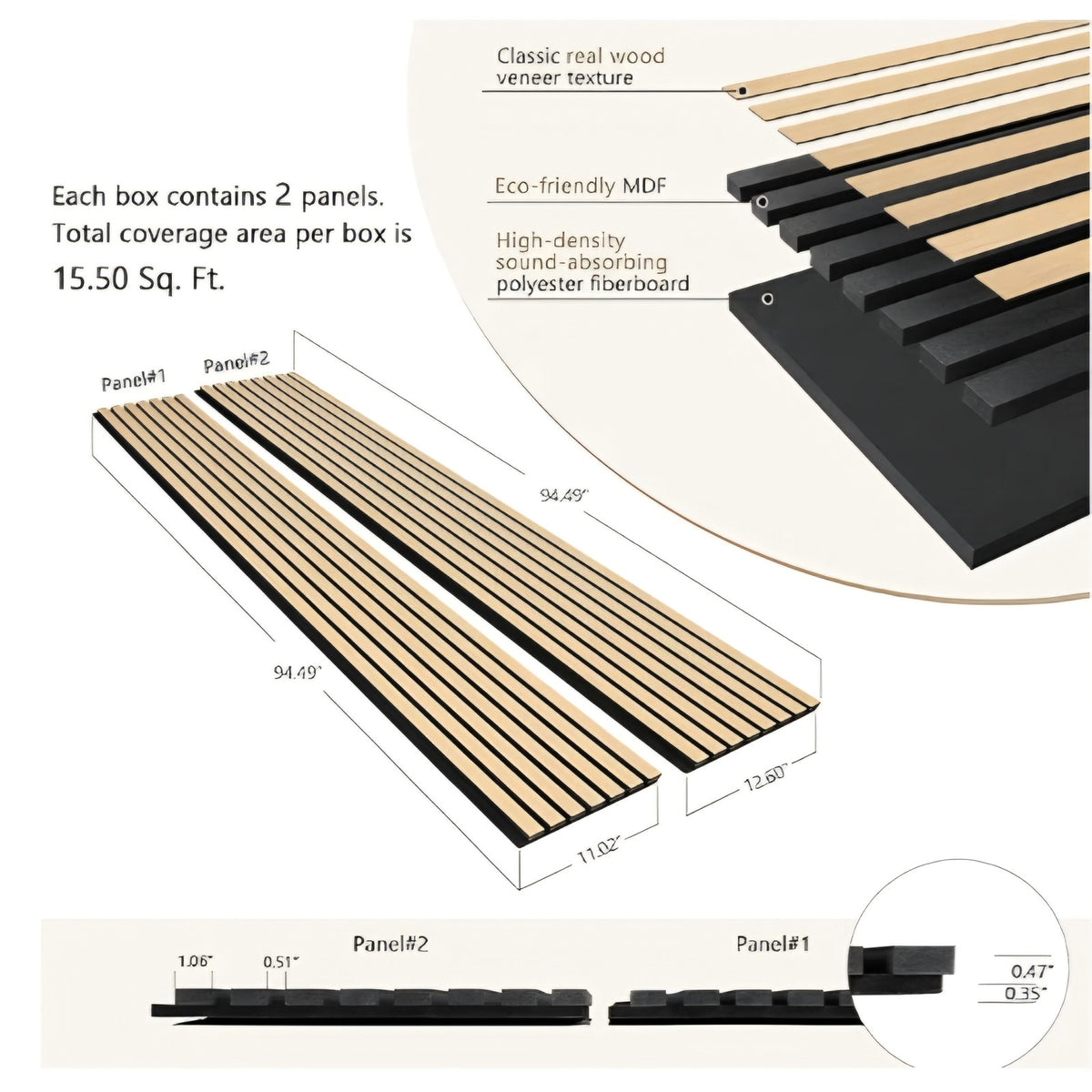 Acoustic Wood Veneer Slat Wall Panels Natural Oak and Ceilings Panels 94.49” x 23.62”Each