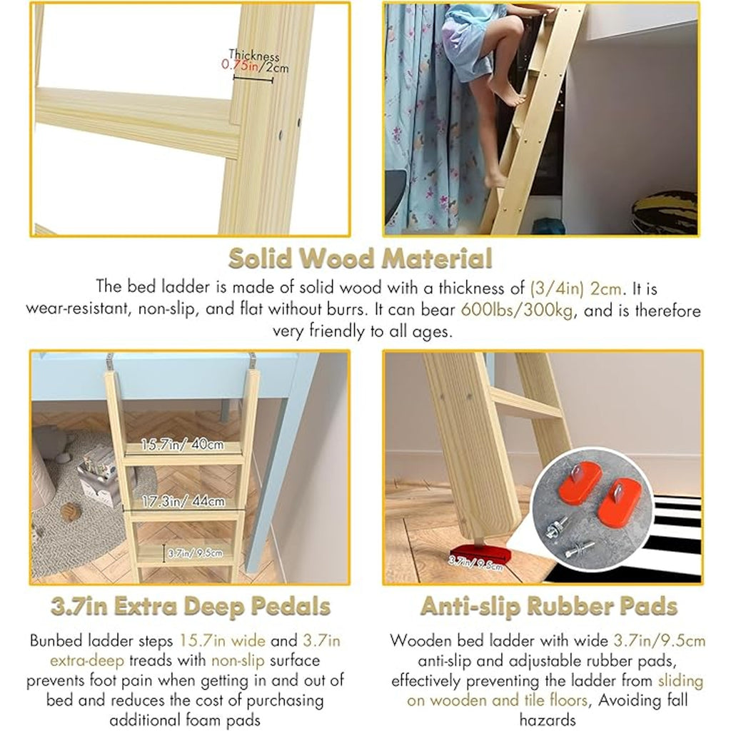 Wood Bunk Bed Ladder, Lofted with 4in Extra Wide Steps & Non-Slip Pads, Wood Color, 55in /140cm