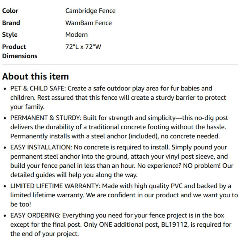 6ft H x 6ft W (1 Panel + 1 Post) Permanent No Dig WamBam Cambridge Fence Kit, Durable White Vinyl.