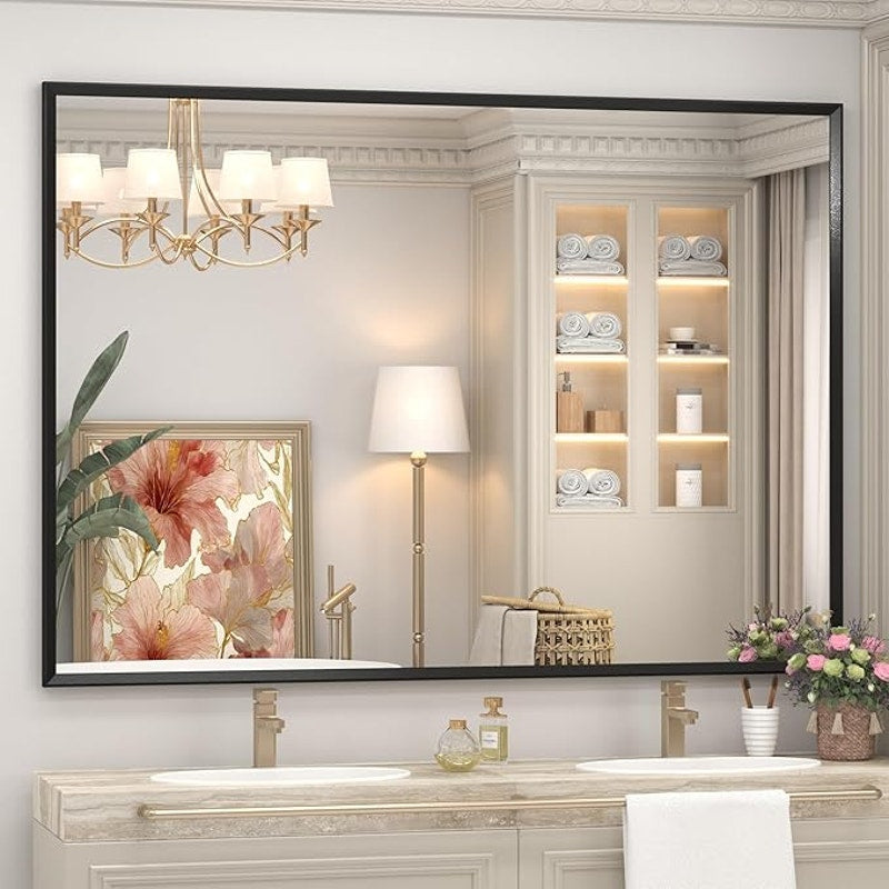 55" x 40"Matte Black Bathroom Mirror for Wall, Rectangular Beveled Mirror with Aluminum Alloy Frame