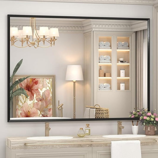 55" x 40"Matte Black Bathroom Mirror for Wall, Rectangular Beveled Mirror with Aluminum Alloy Frame