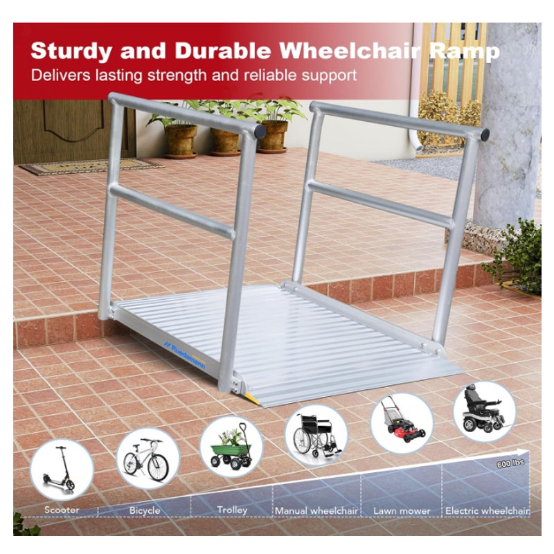 Ruedamann 36" Wide Aluminum Wheelchair Ramp with Handrails, Non-Slip Extra-Wide Platform