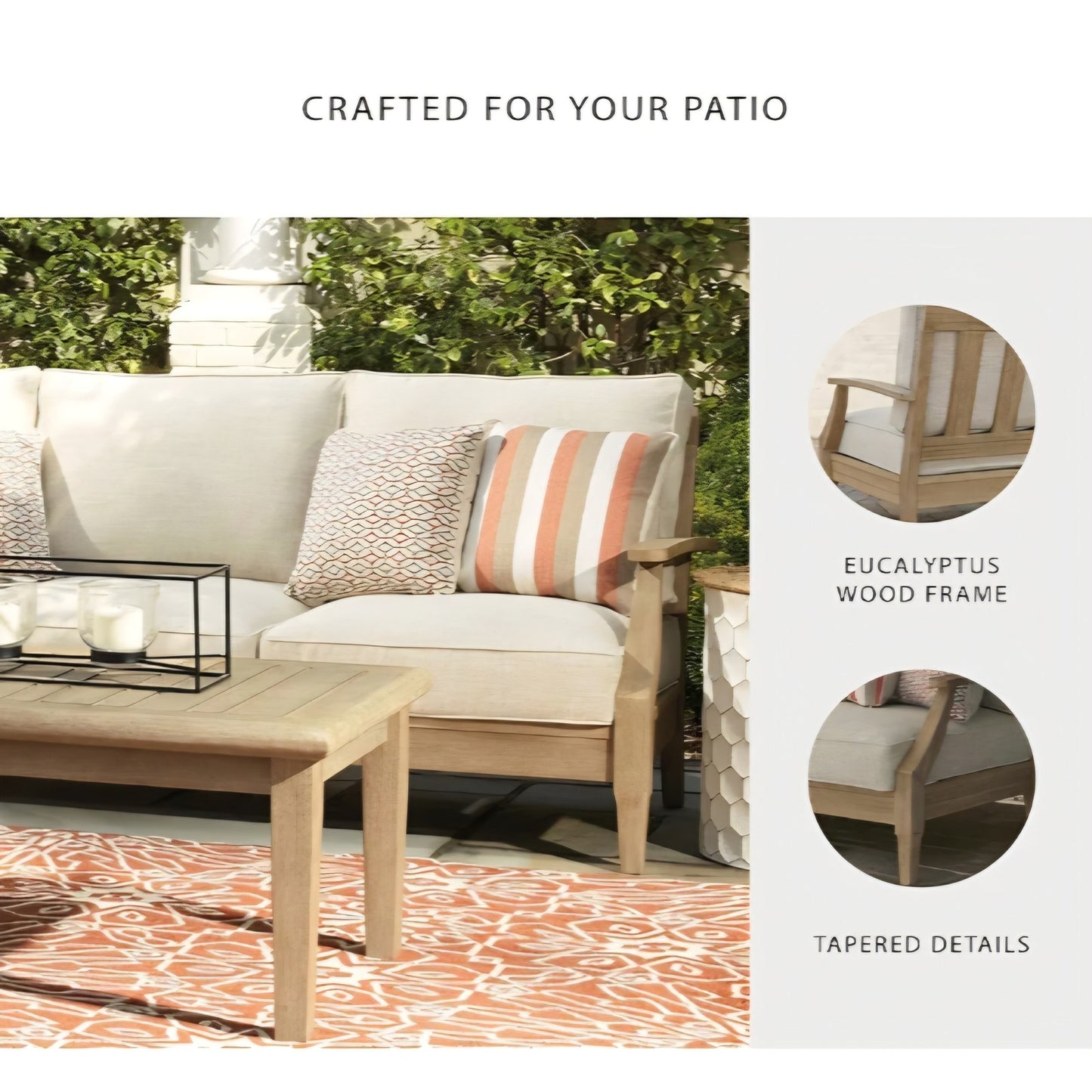 Signature Design by Ashley Clare View Coastal Outdoor Patio Eucalyptus Sofa with Cushions, Beige