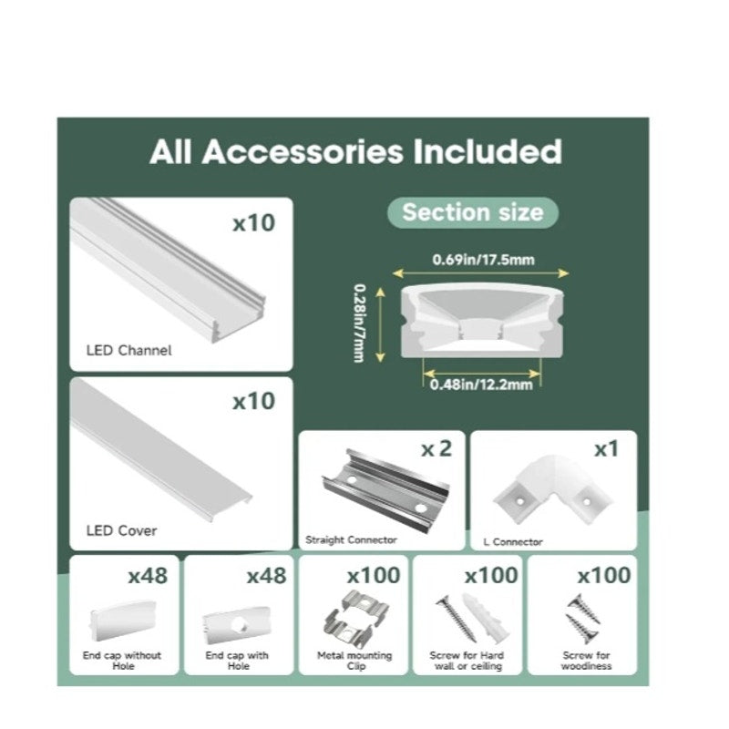 10-Pack 6.6ft/2Meter U Shape White LED Aluminum Channel System with Milky Cover,