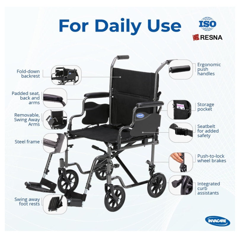 Invacare Transport Wheelchair for Adults Compact Lightweight Wheel Chair with Foldable Backrest