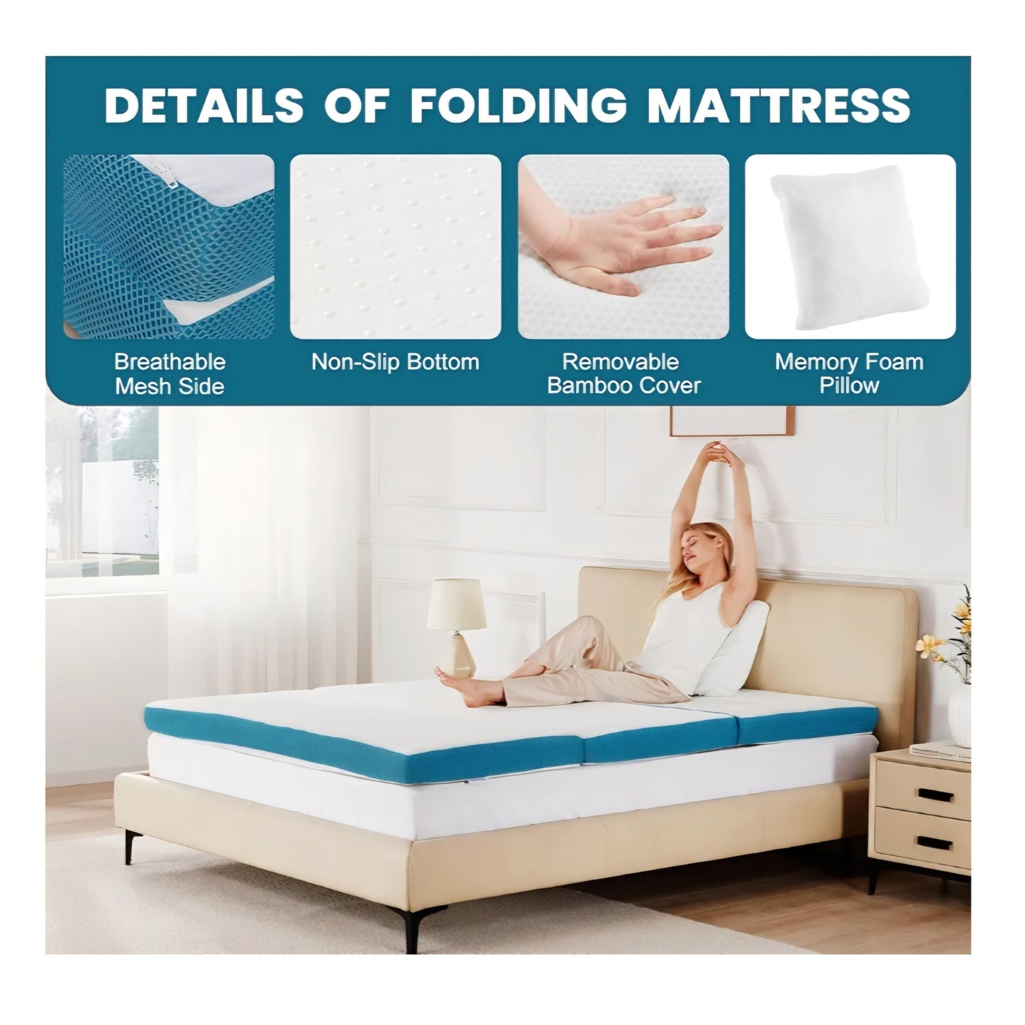 SINWEEK Memory Foam Folding Mattress, 4 Inch Foldable Trifold Mattress Topper, CertiPUR-US Certifie