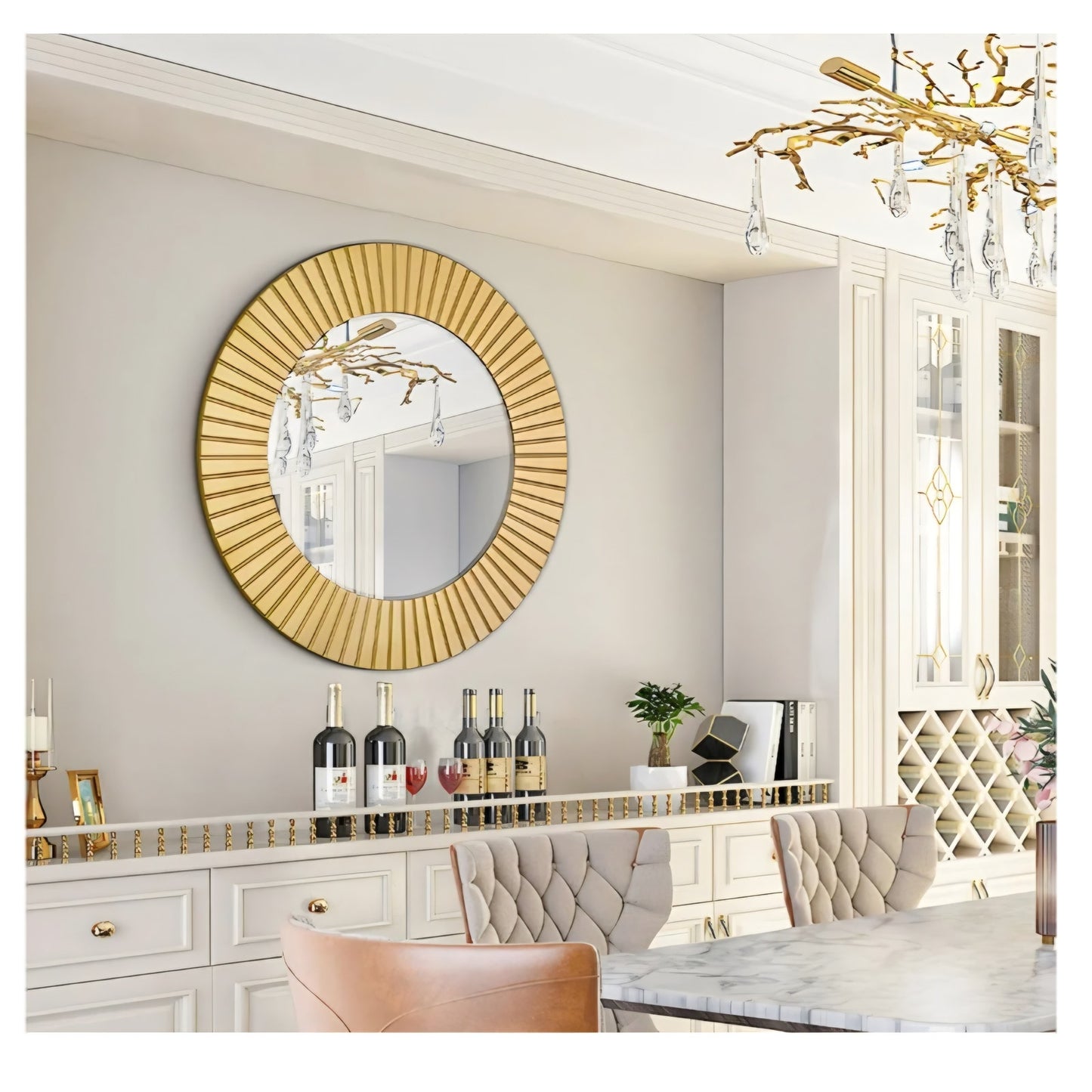 Chende Round Gold Mirror, 36'' Large Decorative Mirror for Wall with Wood Frame, Elegant Accent