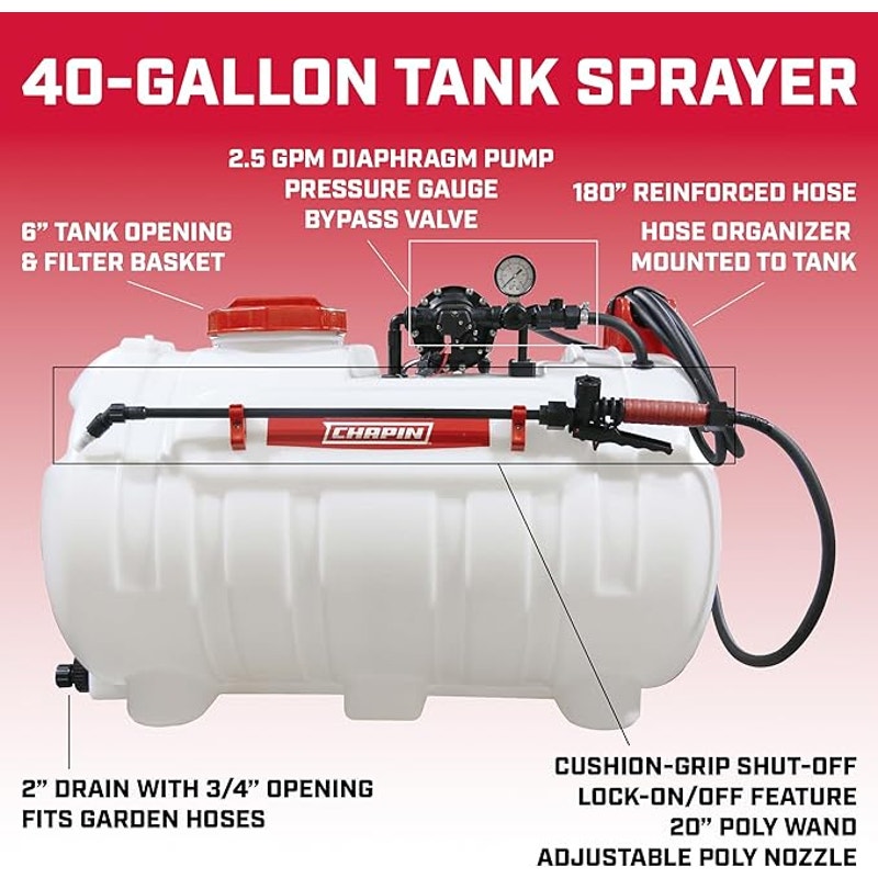 Chapin 98444 ATV 40G Water Tank Sprayer with 2-Nozzle Boom and 2.5 GPM Pump, for Agriculture/Farming