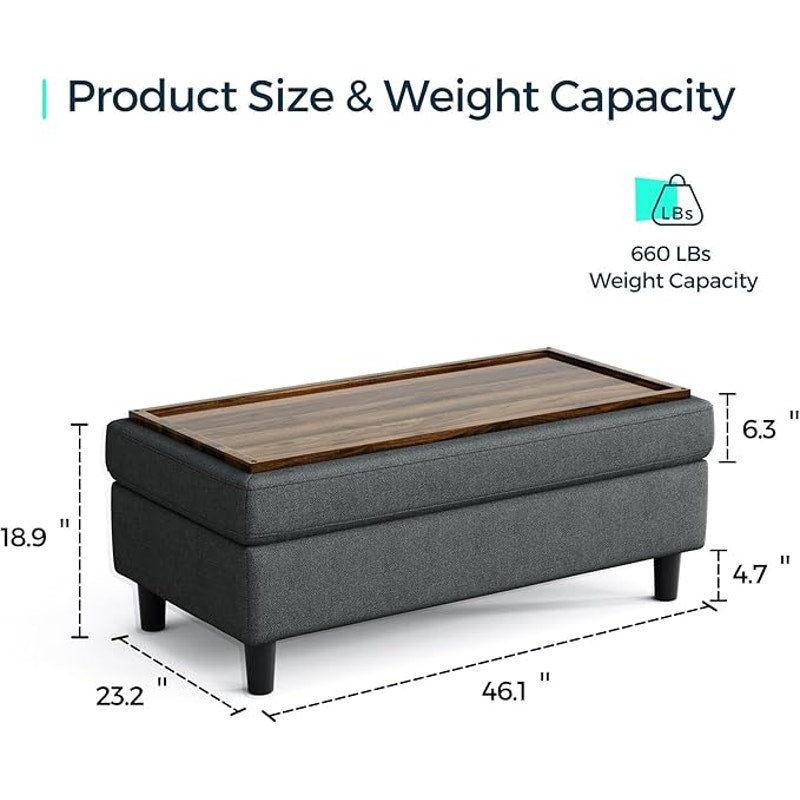 LINSY HOME 46 Inches Wide Storage Ottoman Bench, Linen Coffee Table Long Shoes Bench, Dark Gray