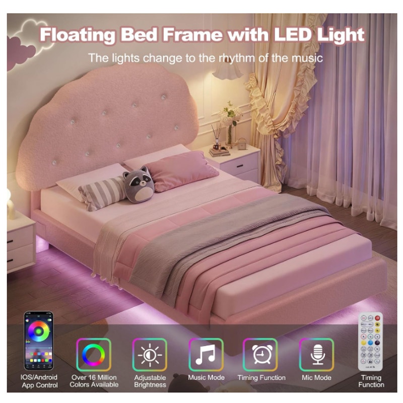 Decofy Full Size Bed Frame with Headboard and LED Lights, Cloud Floating Upholstered Bed Frames