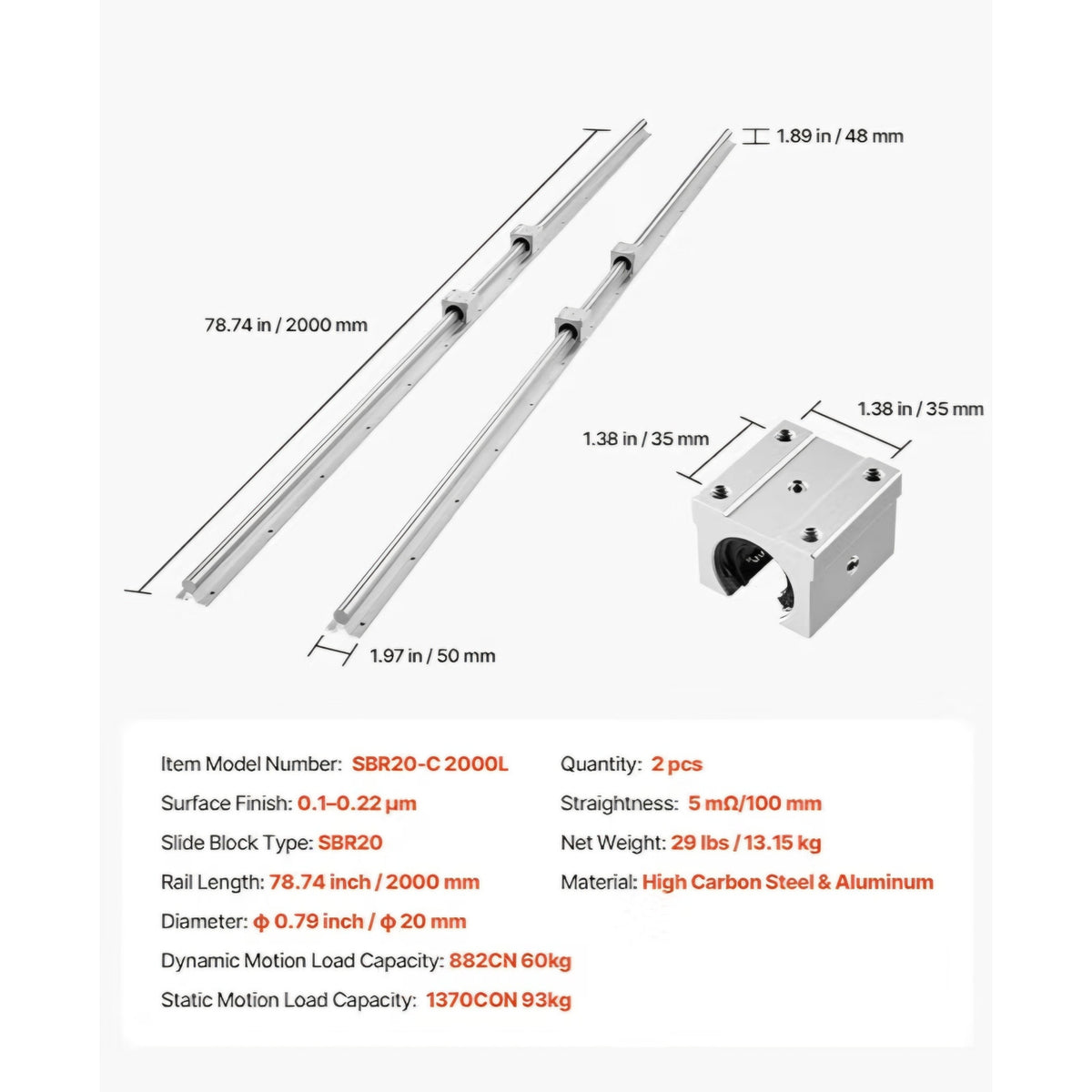 VEVOR Linear Rail Kit, SBR20, 2Pcs 2000 mm (78.74 inch) Linear Motion Guide Rails and 4Pcs