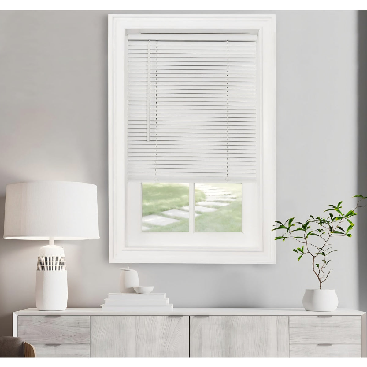 Cordless Light Filtering Mini Blind - 71 Inch Width, 64 Inch Length, 1" Slat Size - Pearl White