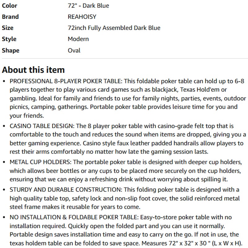 72" Foldable Poker Table for 8 Players, Texas Holdem
