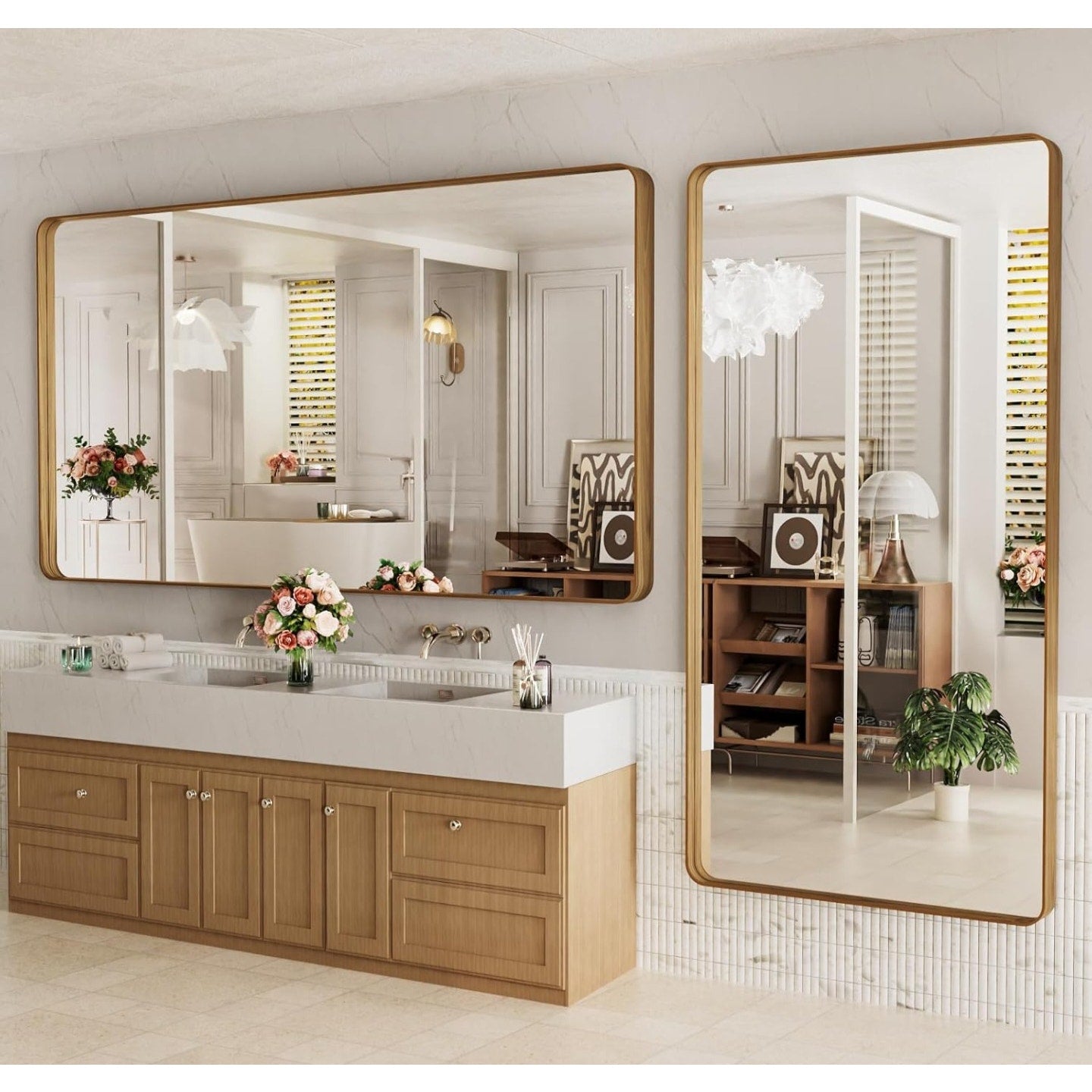 LOAAO 84X32 Inch Bathroom Mirror with Wood Grain Colored Metal Frame
