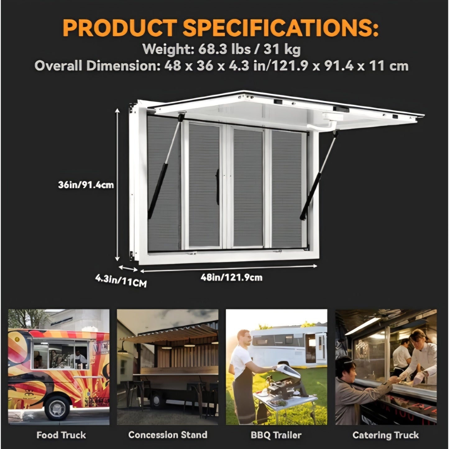 48 x 36 inch Concession Window for Food Truck, Aluminum Alloy Food Truck Service Windows