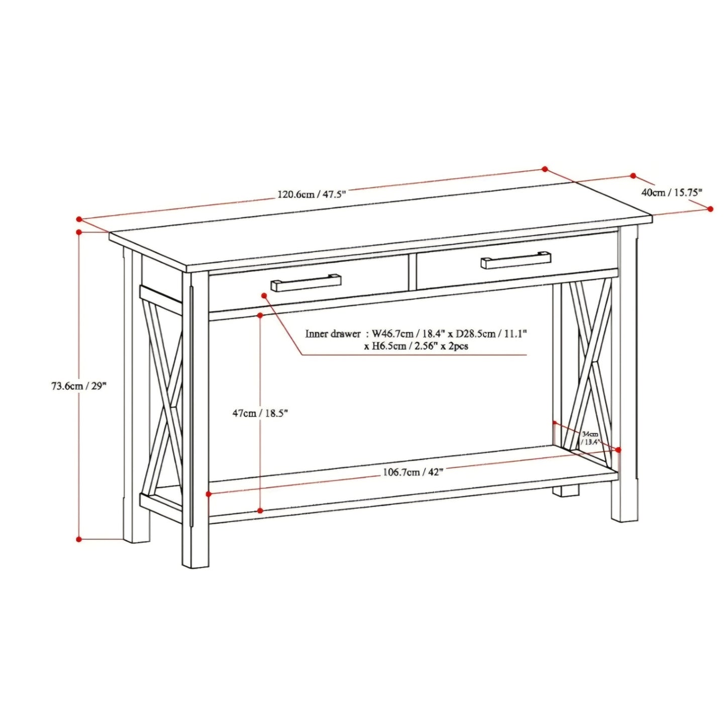 Kitchener Console Table - 47 Inch Wide Solid Wood Sofa Table in Distressed Grey