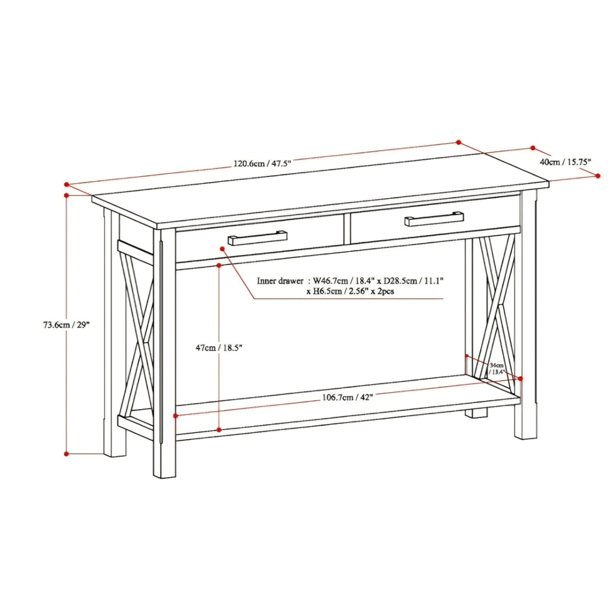 Kitchener Console Table - 47 Inch Wide Solid Wood Sofa Table in Distressed Grey
