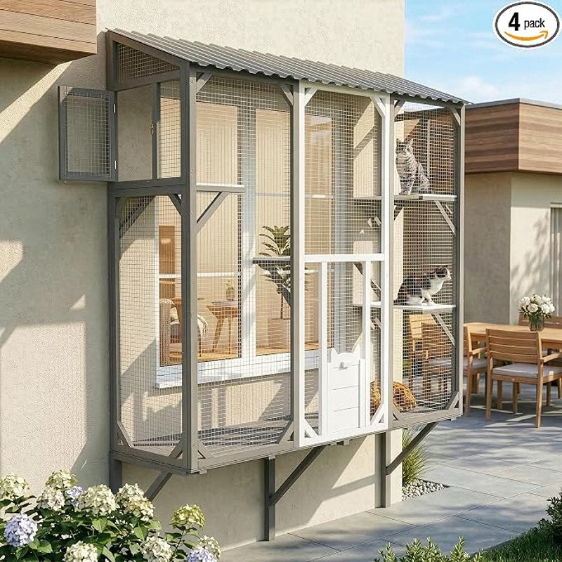 Window Mounted Cat Enclosure Outdoor Catio with 4 Platforms, Wooden, Wire Mesh, Grey & White