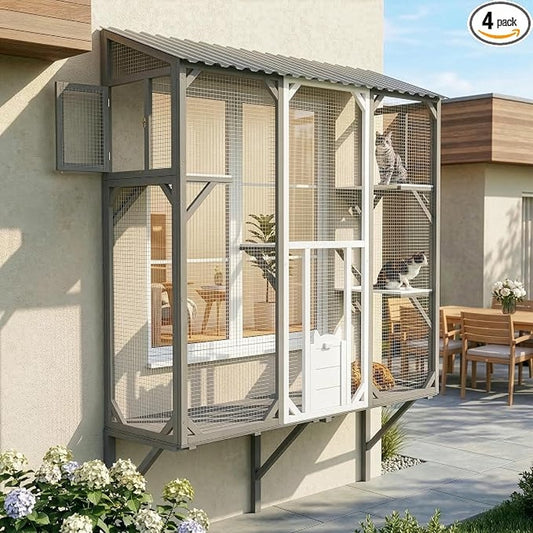 Window Mounted Cat Enclosure Outdoor Catio with 4 Platforms, Wooden, Wire Mesh, Grey & White