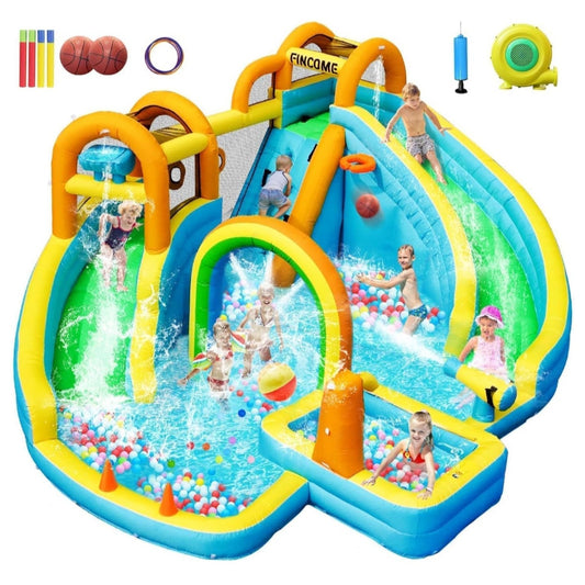 Inflatable Water Slide, Bounce House with 2 Slide for Kids, Inflatable Waterslide Park with Splash Pool, Basketball Hoop, Ball Shooting & Water Cannon for Backyard, Outdoor, Indoor