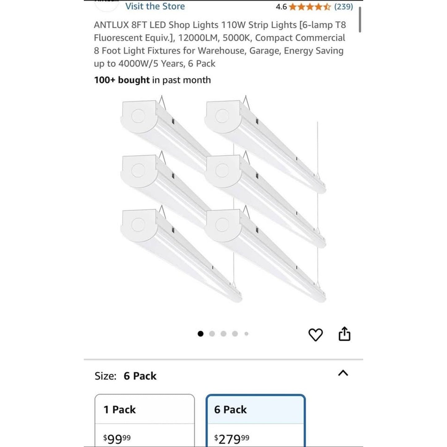ANTLUX 8FT LED Shop Lights 110W Strip Lights [6-lamp T8 Fluorescent Equiv.], 12000LM, 5000K, Compact