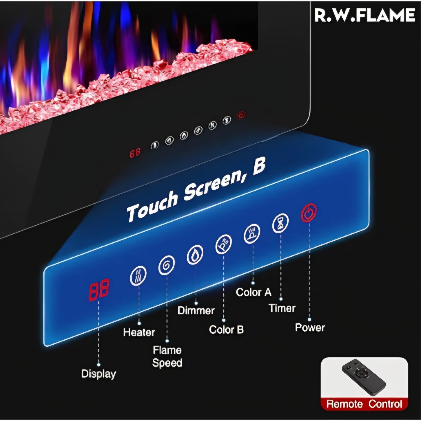 60" Recessed and Wall Mounted Electric Fireplace, Low Noise, Fit for 2 x 6 Stud, Remote Control