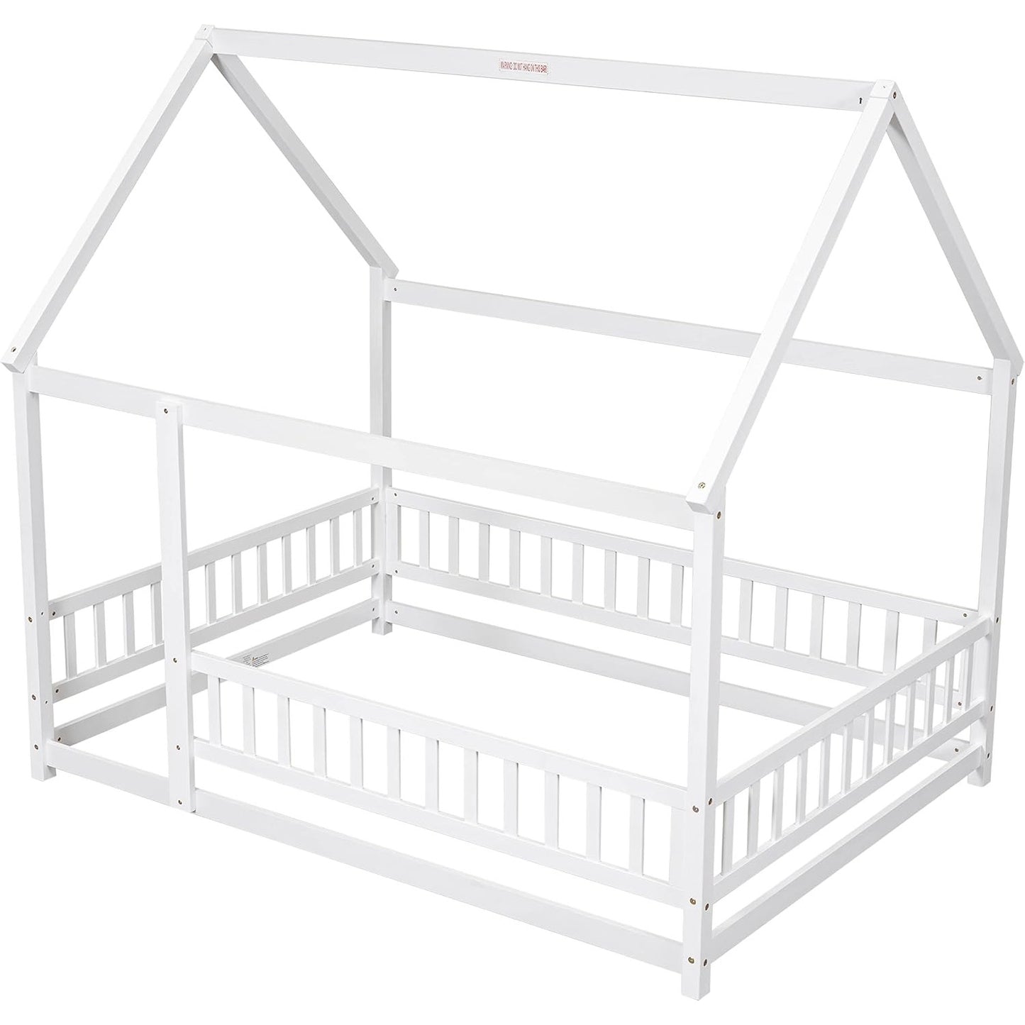 Bellemave Full Size House Floor Bed,Wooden, with Fence and Roof for Kids,(White)79.5"Lx60"W x73.8"H