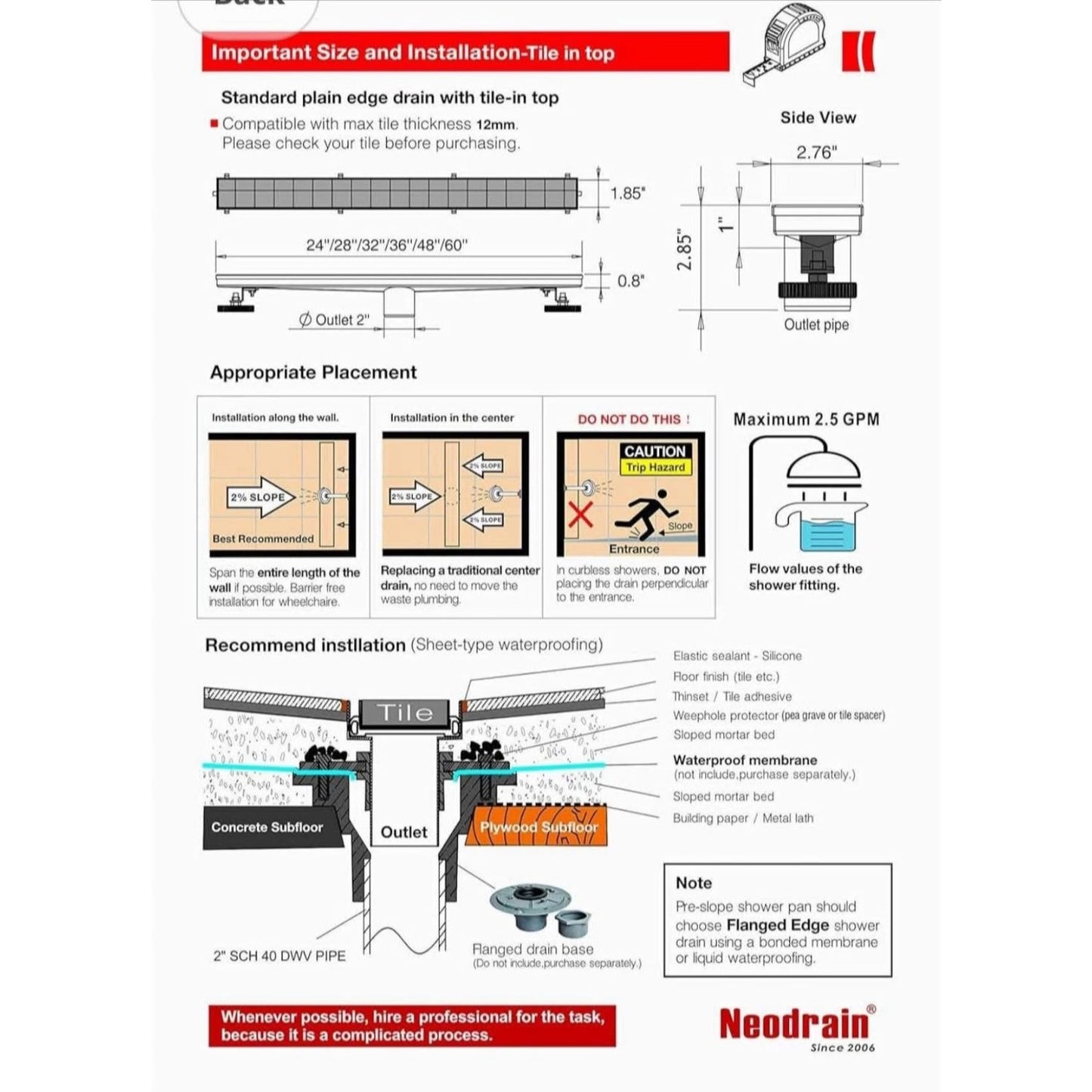 Neodrain 60-Inch Linear Shower Drain with Tile Insert Grate,Brushed 304 Stainless Steel Rectangle