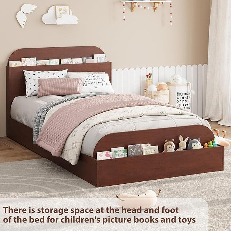 GarveeHome Twin Size Bed Frame, Wooden Beds, Storage Headboard & Raised-Foodboard for Kid, Espresso