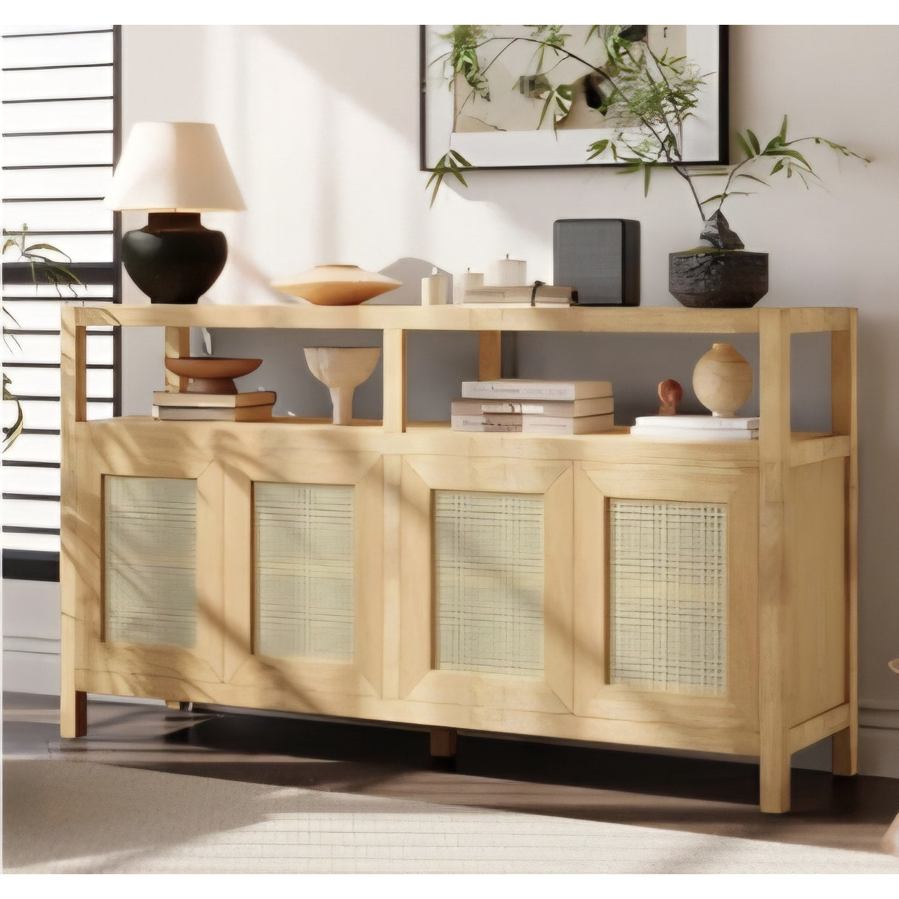Bohemian Rattan Storage Cabinet with Adjustable Shelves