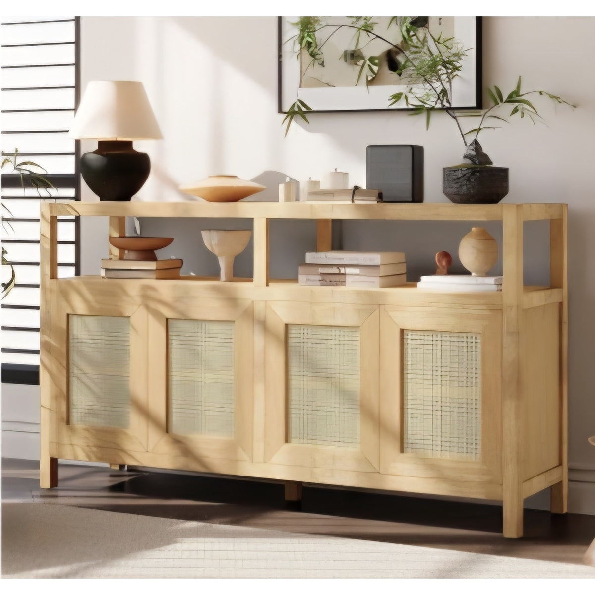 Bohemian Rattan Storage Cabinet with Adjustable Shelves