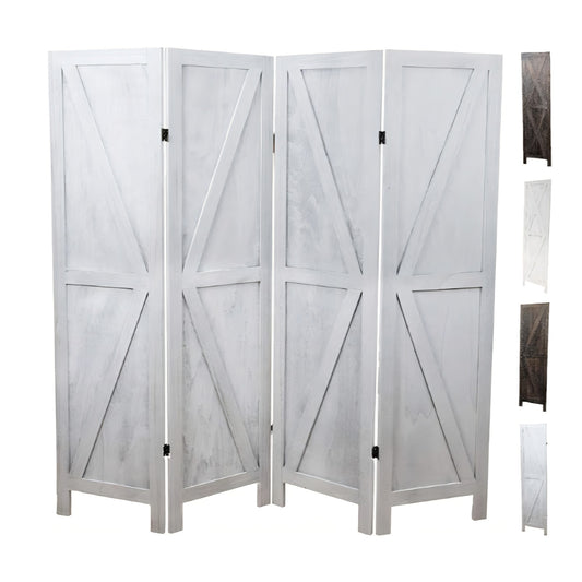 Premium Home 4-Panel Room Divider – Rustic White Barn Door, K Pattern Folding Privacy Screen,