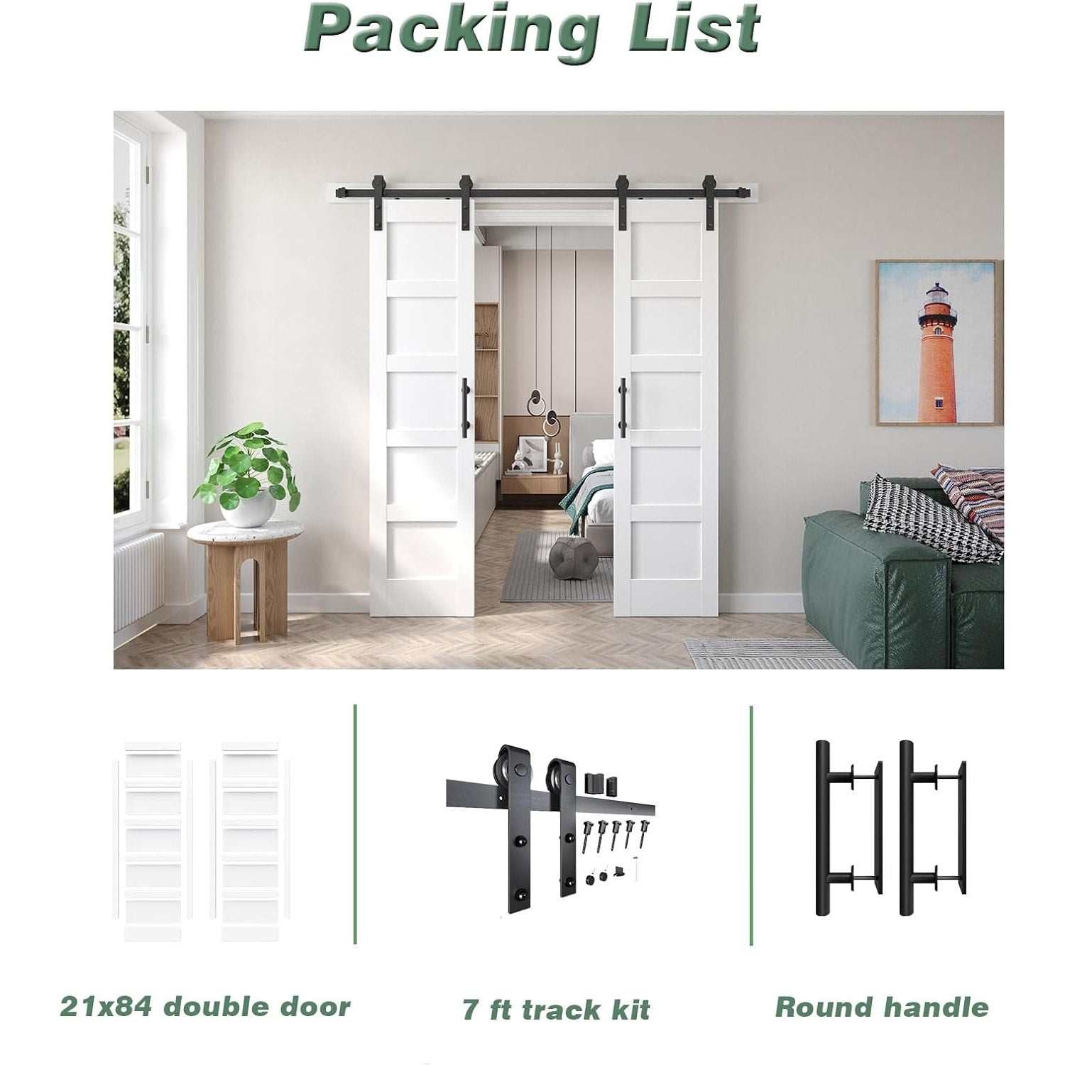 Fredbeck Double 21inx84in White Barn Door and 7FT Sliding Barn Door Hardware Kit Included,Solid