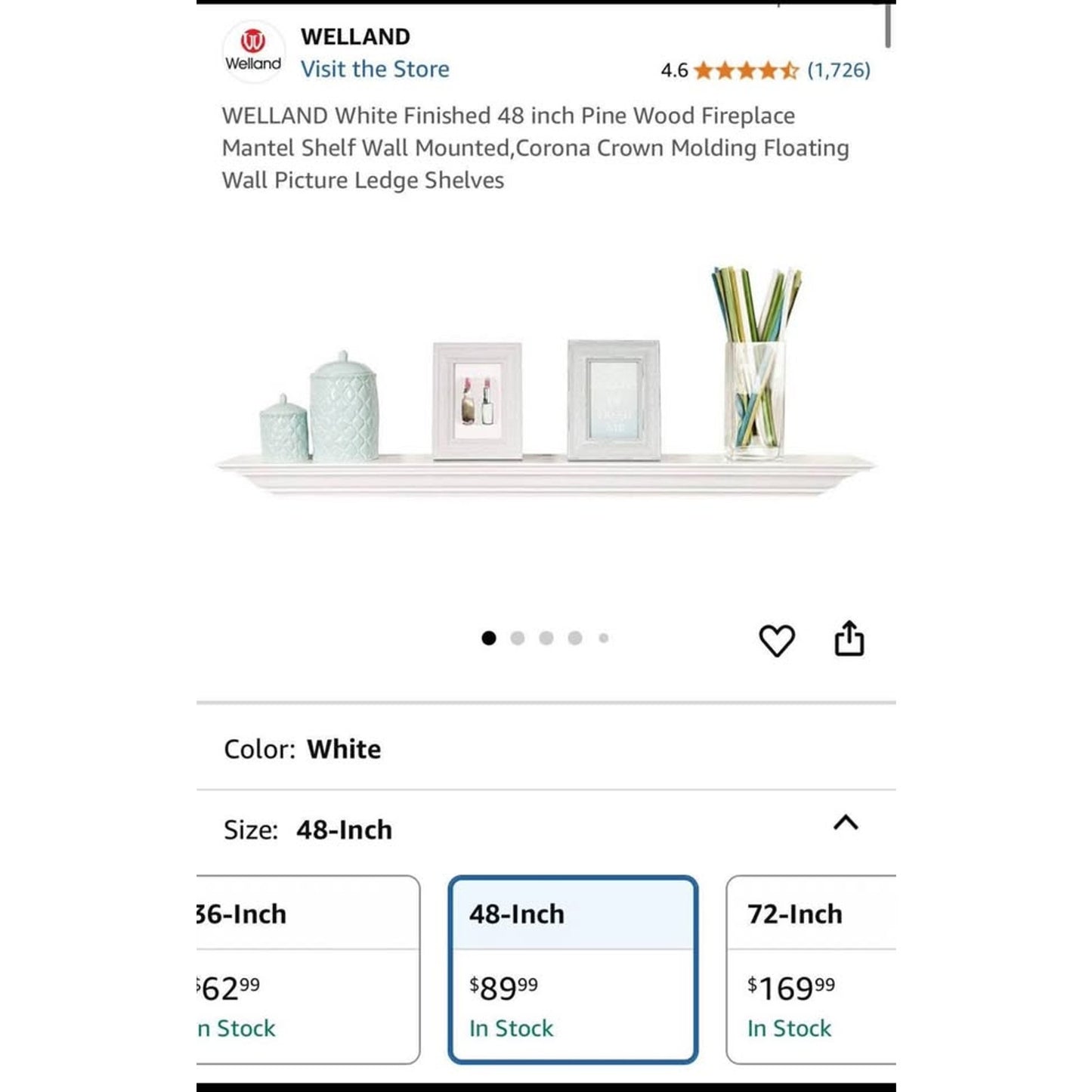 WELLAND White Finished 48 inch Pine Wood Fireplace Mantel Shelf Wall Mounted,Corona Crown Molding Fl