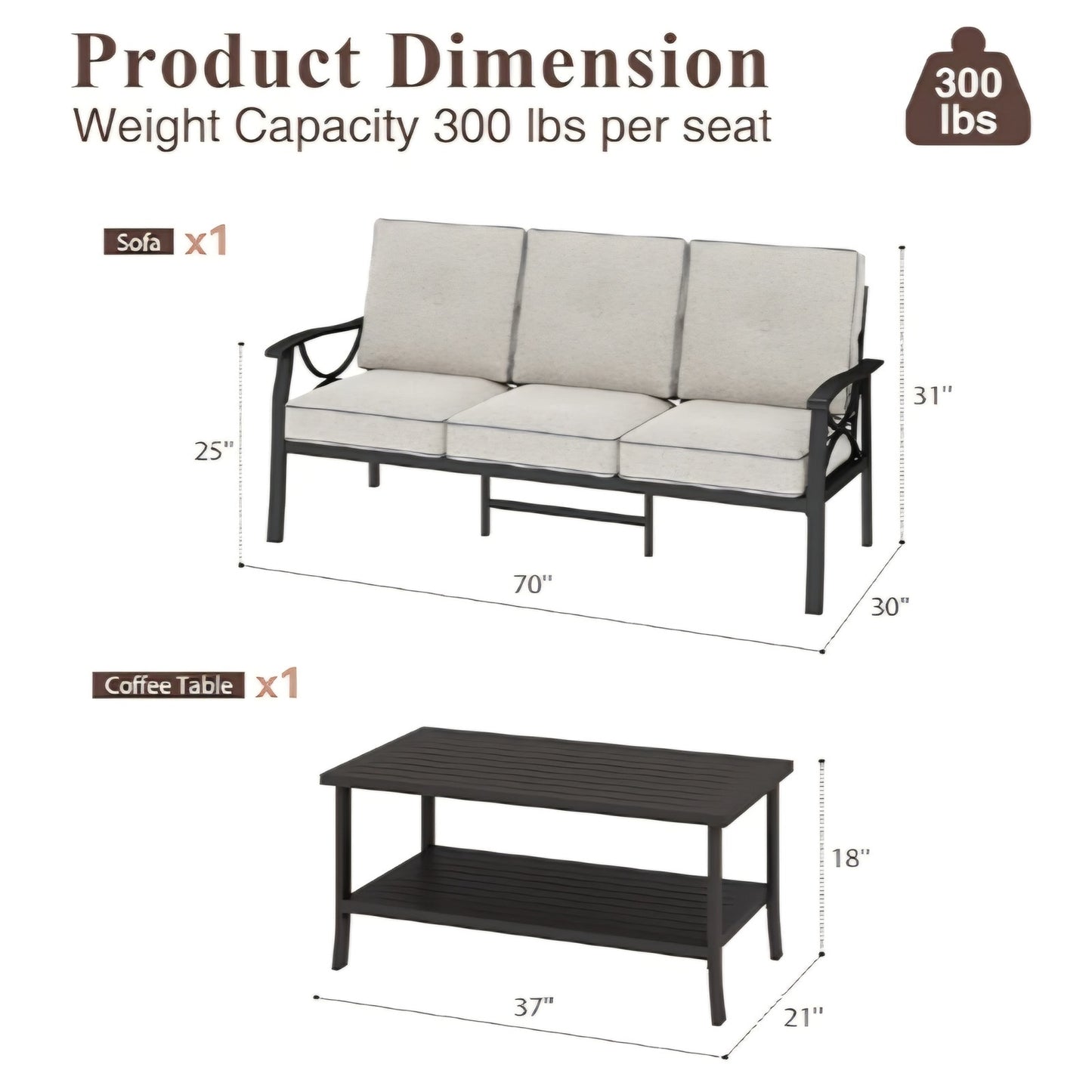 Outdoor Patio Furniture Set, 2 Piece Patio Conversation Set, Metal Furniture Set with 3 seat Sofa