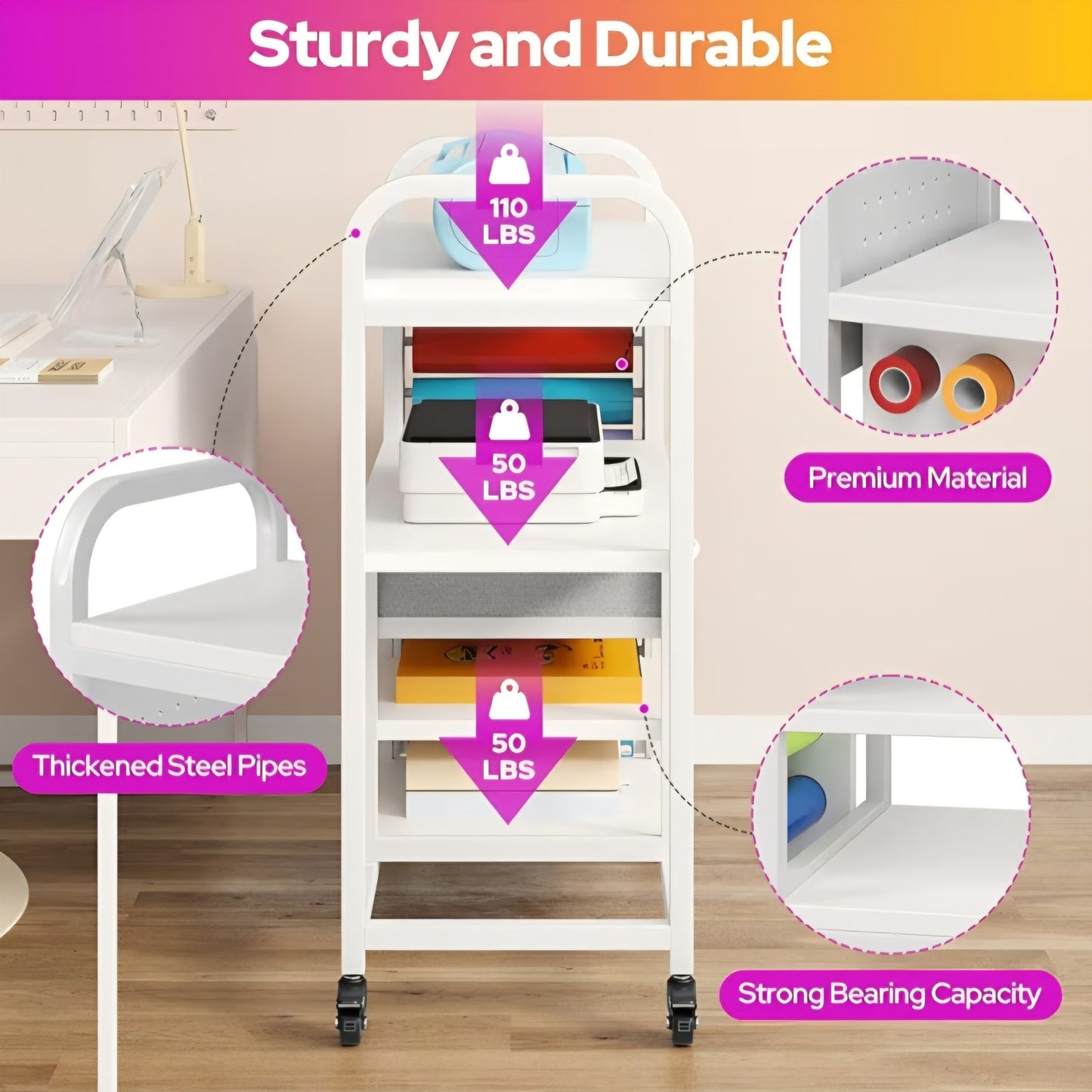Craft Organization and Storage Cart with Wheels, Vinyl Roll Holder & Hook Up