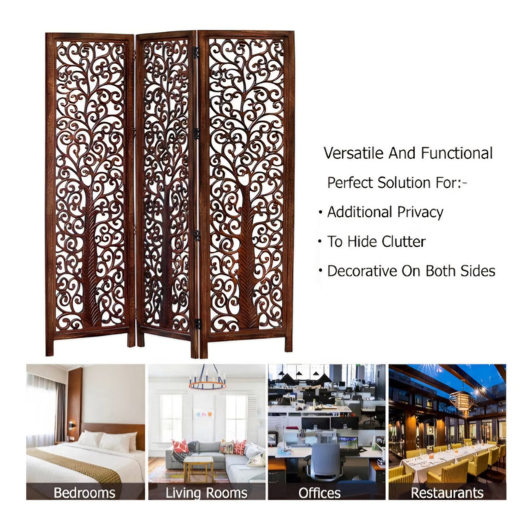 Room Divider Wood Floor Screen - Arbor Tree Antique Brown - Handcrafted 60 x 72 Three Folding Panel