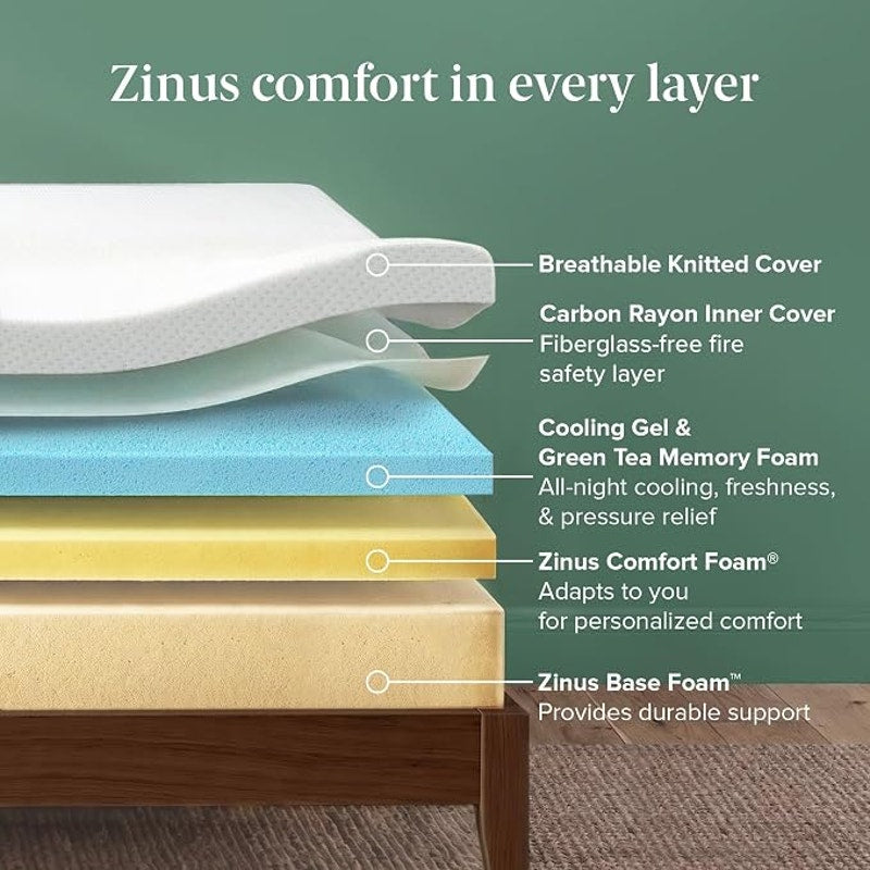 Queen Zinus 10 In Green Tea Cooling Memory Foam Mattress, Fiberglass Free, Medium Firmness,in A Box