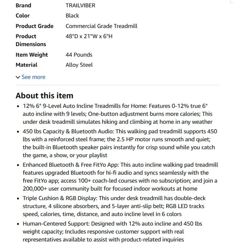TRAILVIBER Walking Pad Treadmill with 12% 9-Level Auto Incline, 450 lbs Capacity RGB LED Screen