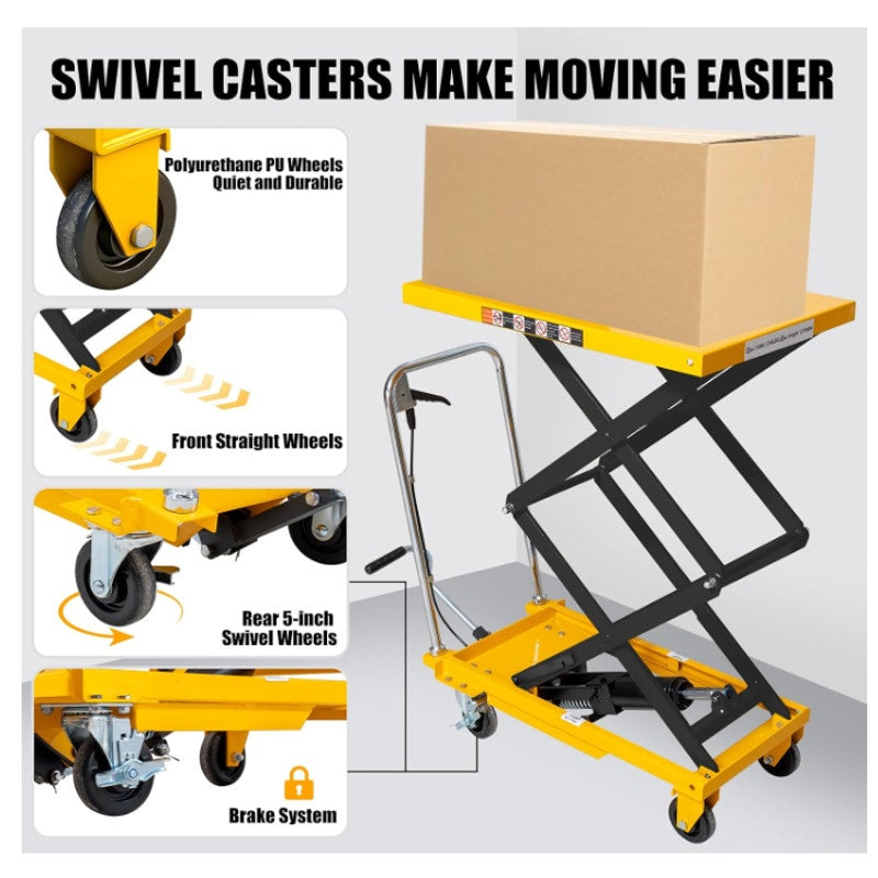 Hydraulic Lift Table Cart, 440lbs Capacity 49.6'' Max Lift, Double Scissor Lift Table w/4 Wheels