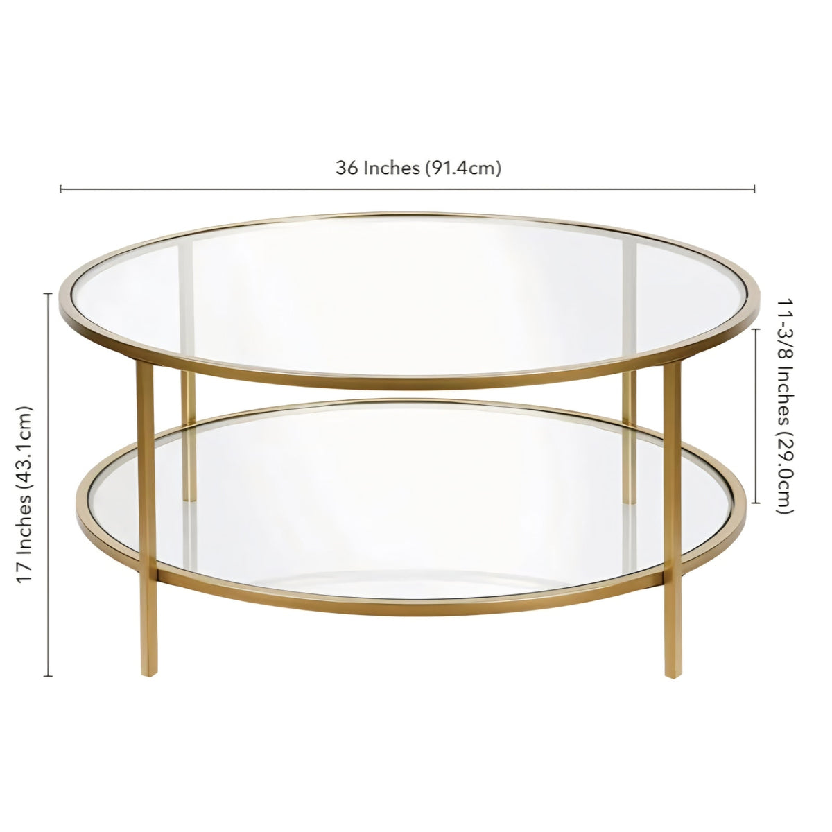 Henn&Hart 36" Wide Round Coffee Table with Glass Top in Brass, Round Coffee Table