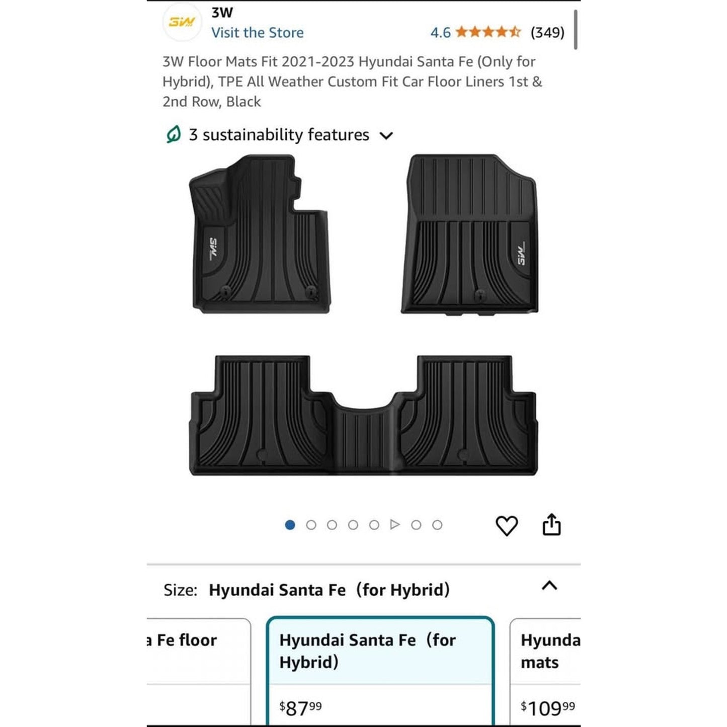 3W Floor Mats Fit 2021-2023 Hyundai Santa Fe (Only for Hybrid), TPE All Weather Custom Fit Car Floor
