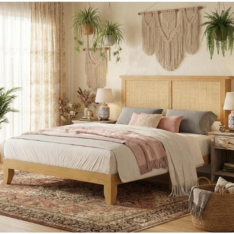Rattan Bed Frame Queen Size with Natural Rattan Headboard & LED Lights