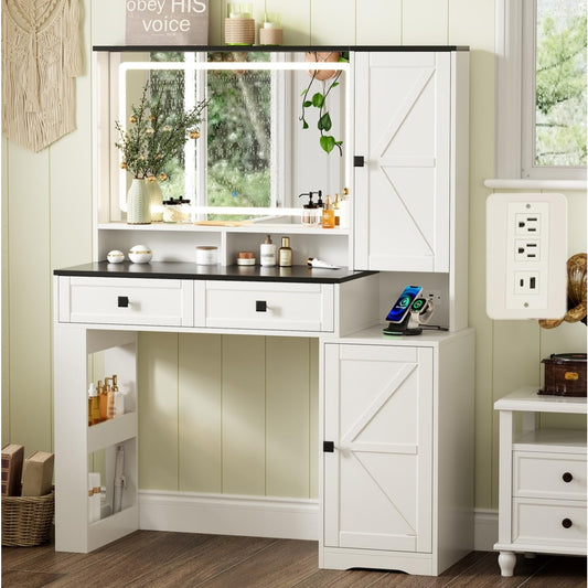 Farmhouse Makeup Vanity Desk with Mirror and Lights,Glass Top Vanity Desk with Power Outlet,Makeup