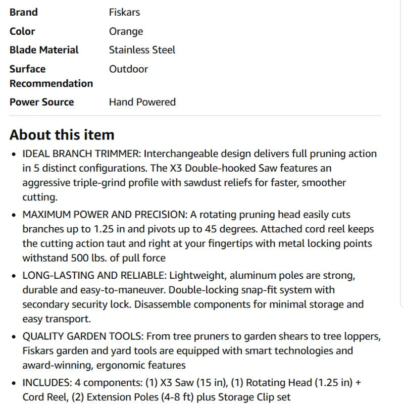 Fiskars XtendControl 16'Tree Pruner Kit with Rotating Head, 15"X3 Double-Hooked Saw, Lightweight Al