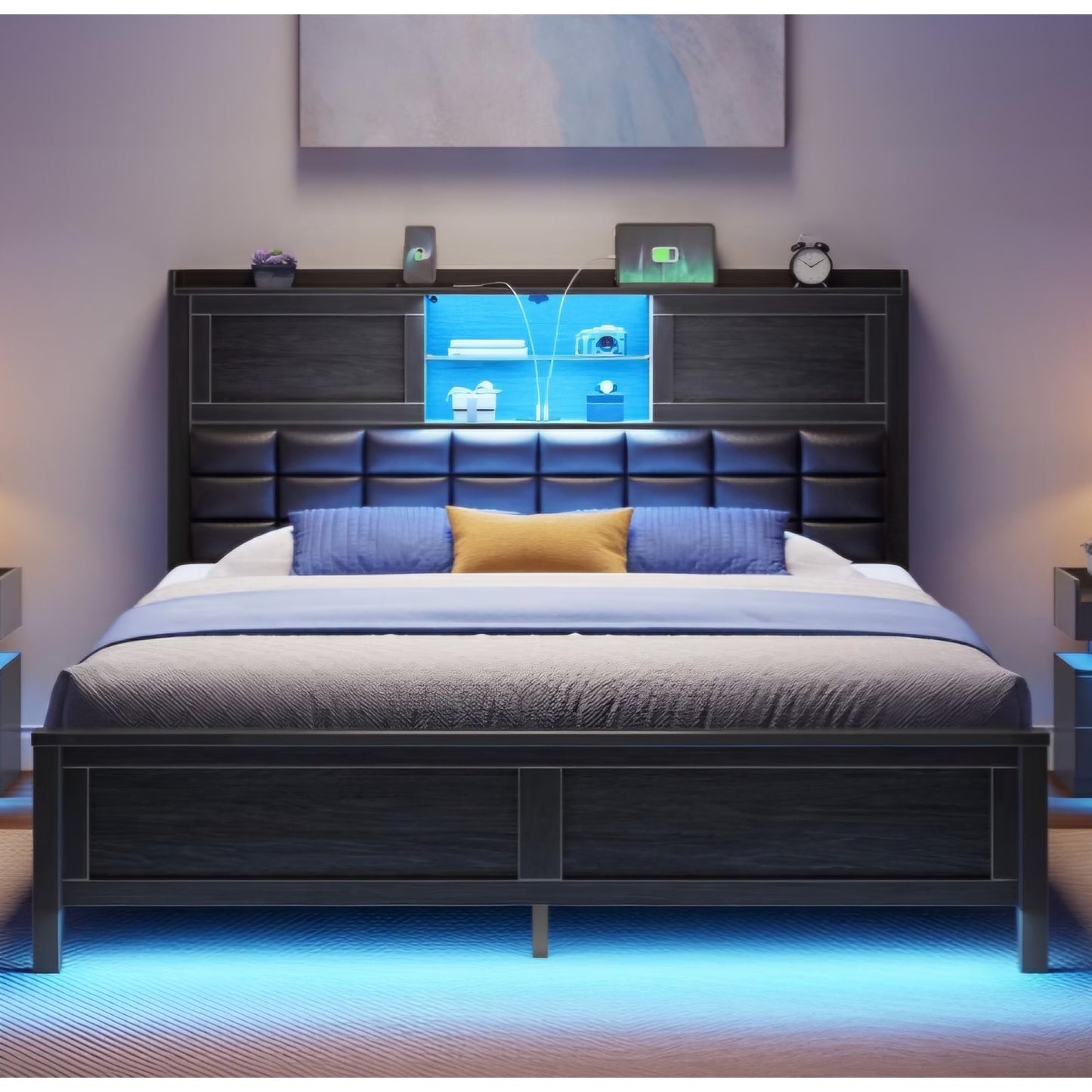 Rolanstar Bed Frame Full Size with Charging Station, Bookcase Headboard Bed with LED Light